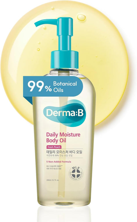 Derma B Daily Moisture Body Oil 99% Natural Argan & Sweet Almond Oil Shower Oil For Dry Sensitive Skin Light & Long-Lasting Hydration Skin Body Care Oil With Peach Scent 6.78 Fl Oz (200 ml)