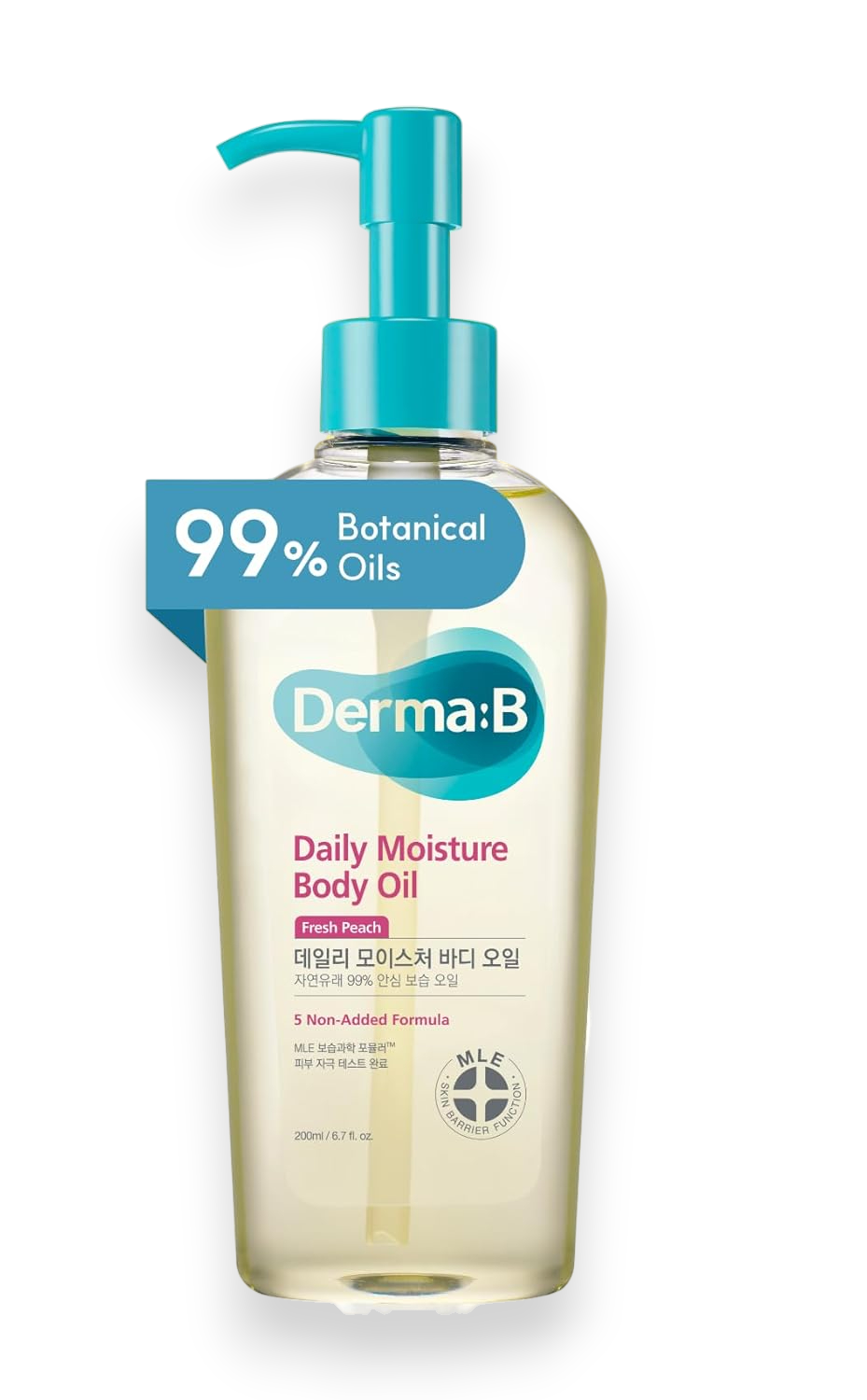 Derma B Daily Moisture Body Oil 99% Natural Argan & Sweet Almond Oil Shower Oil For Dry Sensitive Skin Light & Long-Lasting Hydration Skin Body Care Oil With Peach Scent 6.78 Fl Oz (200 ml)