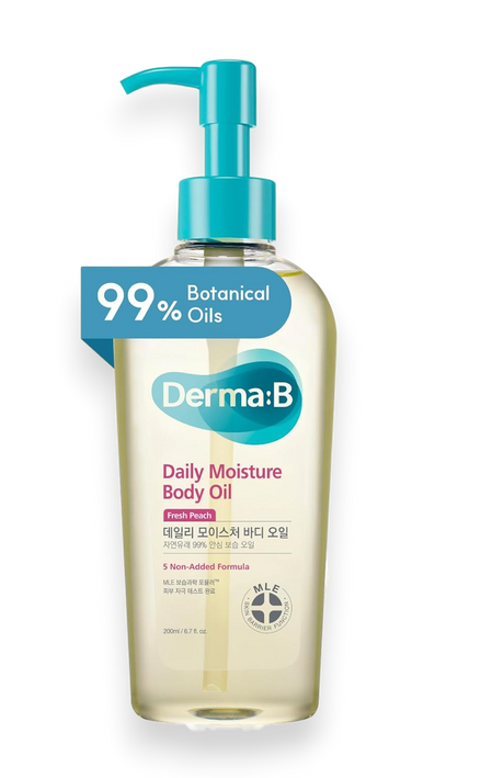 Derma B Daily Moisture Body Oil 99% Natural Argan & Sweet Almond Oil Shower Oil For Dry Sensitive Skin Light & Long-Lasting Hydration Skin Body Care Oil With Peach Scent 6.78 Fl Oz (200 ml)