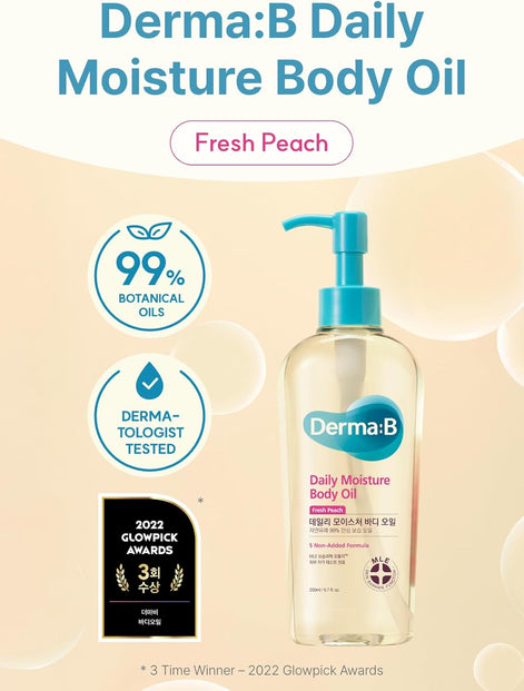 Derma B Daily Moisture Body Oil 99% Natural Argan & Sweet Almond Oil Shower Oil For Dry Sensitive Skin Light & Long-Lasting Hydration Skin Body Care Oil With Peach Scent 6.78 Fl Oz (200 ml)