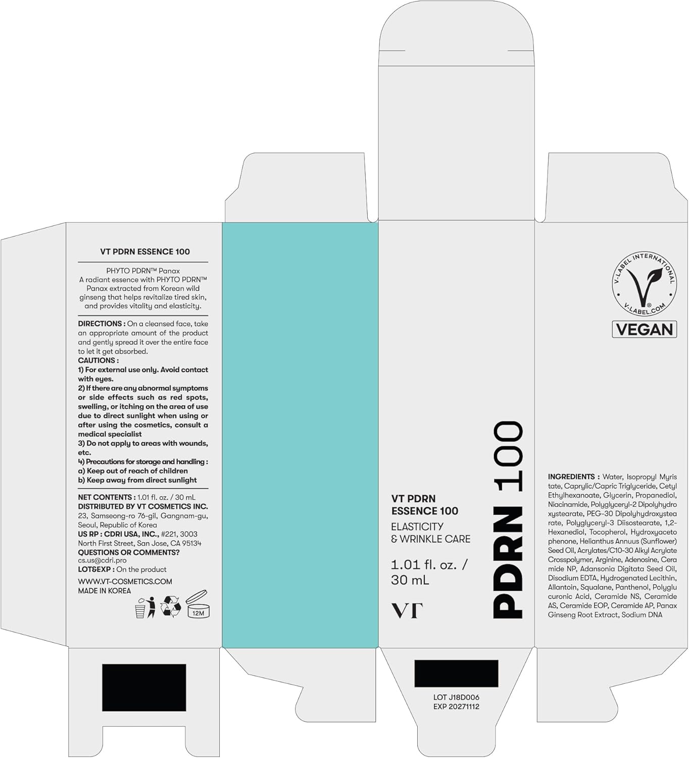 VT COSMETICS PDRN 100 Essence, Intensive Glow Serum, 1.01 fl. Oz.