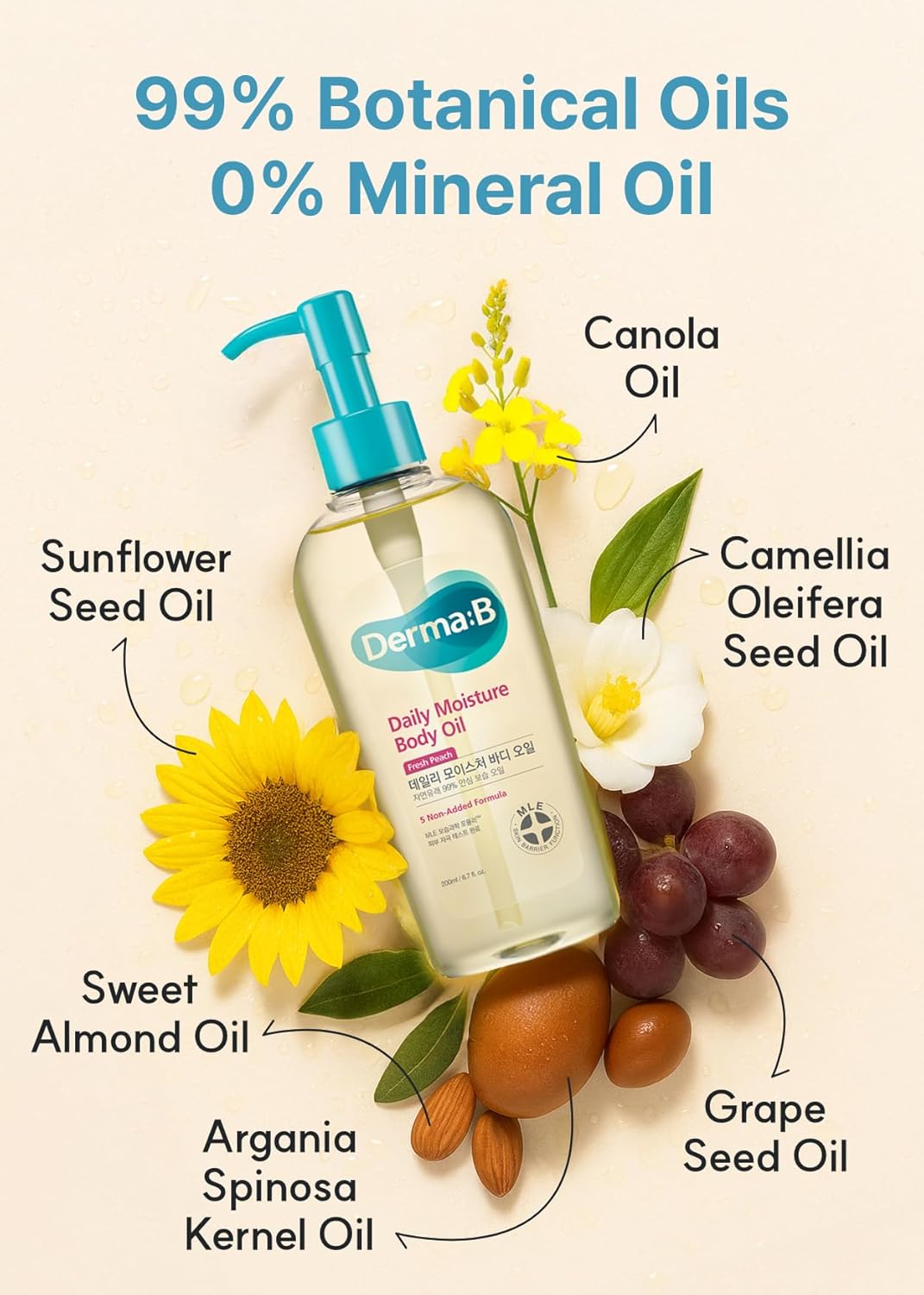 Derma B Daily Moisture Body Oil 99% Natural Argan & Sweet Almond Oil Shower Oil For Dry Sensitive Skin Light & Long-Lasting Hydration Skin Body Care Oil With Peach Scent 6.78 Fl Oz (200 ml)