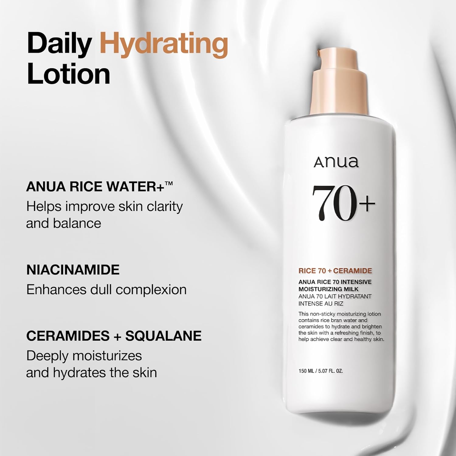 ANUA Rice 70 Intensive Moisturizing Milk, Lotion for Deep Hydration and Nourishing, 150ml/5.07fl.oz.