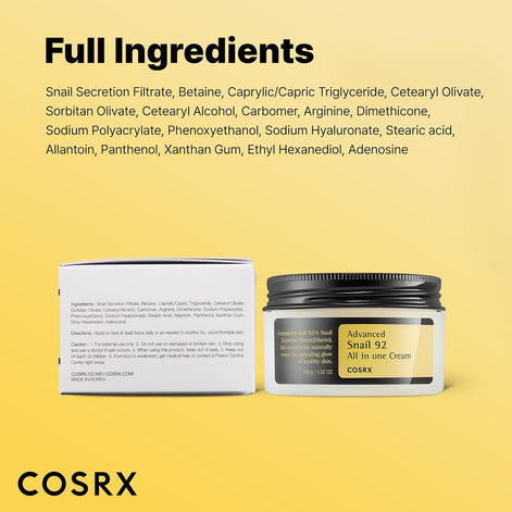 COSRX Advanced Snail 92 All in One Cream, Daily Soothing and Moisturizing Cream, 100g